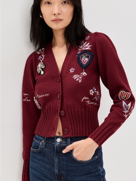 cinq a sept Sweaters - Cinq a Sept Heritage Patch Morgan Cardigan in Oxblood Multi